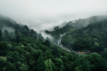 the view from the top of the road in the middle of the forest and green trees with the beauty of the mist. generative aiの素材