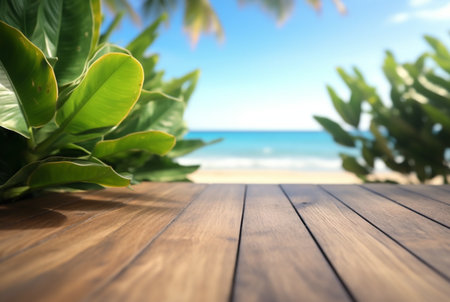 Wooden table with tropical leaves and blurred background of beach and sun light. ready for product display. generative aiの素材