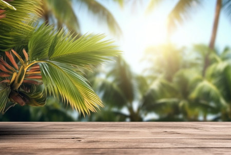 Wooden table with tropical leaves and blurred background of beach and sun light. ready for product display. generative aiの素材
