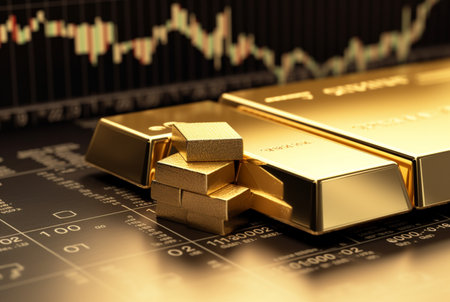 gold bars resting on coins with gold stock chart. investment concept. generative aiの素材