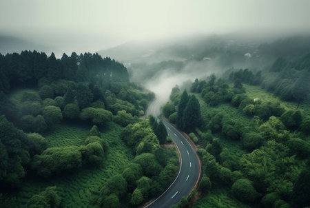 the view from the top of the road in the middle of the forest and green trees with the beauty of the mist. generative aiの素材