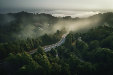 the view from the top of the road in the middle of the forest and green trees with the beauty of the mist. generative aiの素材