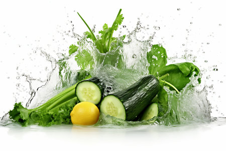 fresh green vegetables with water splashes isolated on white background. generative aiの素材