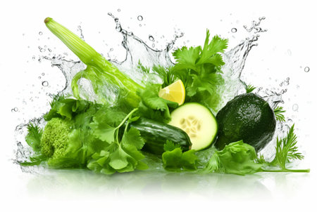 fresh green vegetables with water splashes isolated on white background. generative aiの素材