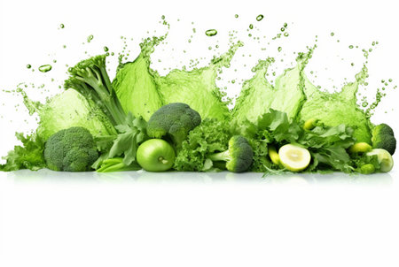 fresh green vegetables with water splashes isolated on white background. generative aiの素材