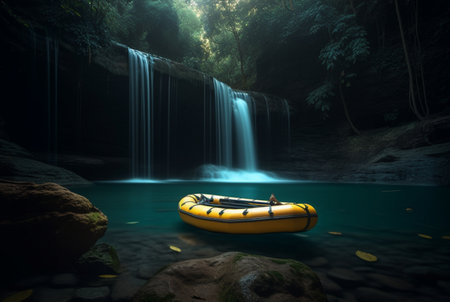 Rubber boat under the gentle flow of a waterfall. longexposure. generative aiの素材
