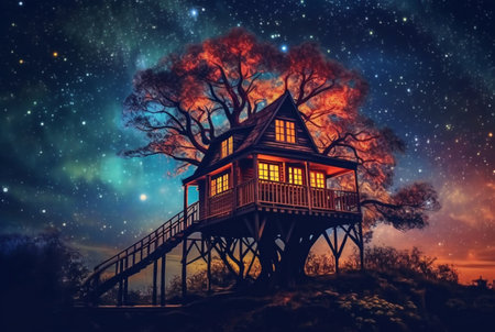Tree house with a beautiful view of the sky at night. generative aiの素材