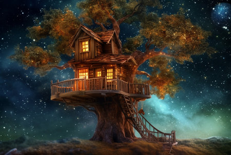 Tree house with a beautiful view of the sky at night. generative aiの素材
