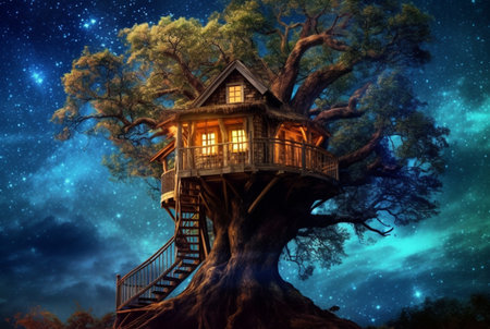 Tree house with a beautiful view of the sky at night. generative aiの素材
