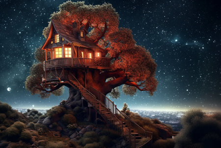Tree house with a beautiful view of the sky at night. generative aiの素材