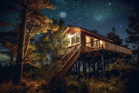 Tree house with a beautiful view of the sky at night. generative aiの素材