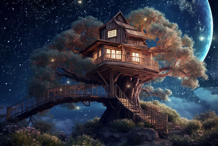 Tree house with a beautiful view of the sky at night. generative aiの素材