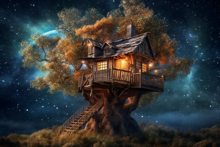 Tree house with a beautiful view of the sky at night. generative aiの素材