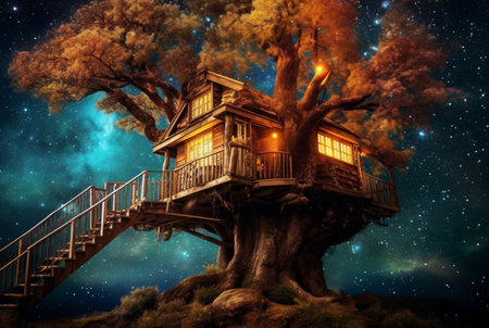 Tree house with a beautiful view of the sky at night. generative aiの素材