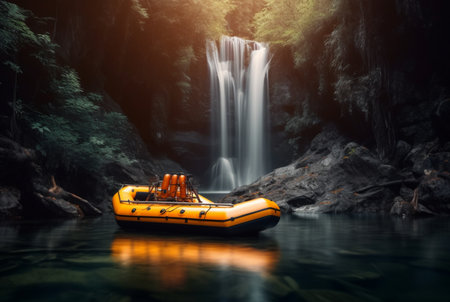 Rubber boat under the gentle flow of a waterfall. longexposure. generative aiの素材