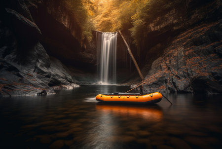 Rubber boat under the gentle flow of a waterfall. longexposure. generative aiの素材