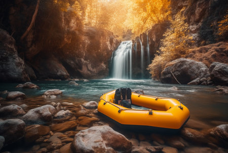 Rubber boat under the gentle flow of a waterfall. longexposure. generative aiの素材