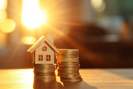 Pile of coins and miniature house on wooden table against blurred background of sunlight. future investment concept. generative aiの素材