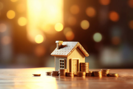 Pile of coins and miniature house on wooden table against blurred background of sunlight. future investment concept. generative aiの素材