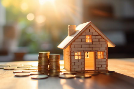 Pile of coins and miniature house on wooden table against blurred background of sunlight. future investment concept. generative aiの素材
