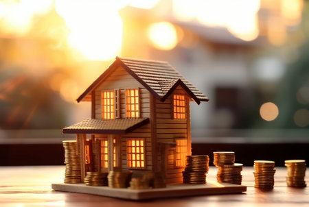 Pile of coins and miniature house on wooden table against blurred background of sunlight. future investment concept. generative aiの素材