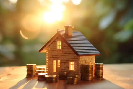 Pile of coins and miniature house on wooden table against blurred background of sunlight. future investment concept. generative aiの素材
