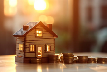 Pile of coins and miniature house on wooden table against blurred background of sunlight. future investment concept. generative aiの素材