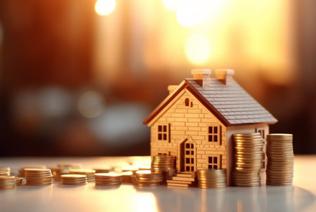 Pile of coins and miniature house on wooden table against blurred background of sunlight. future investment concept. generative aiの素材