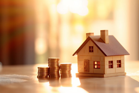 Pile of coins and miniature house on wooden table against blurred background of sunlight. future investment concept. generative aiの素材