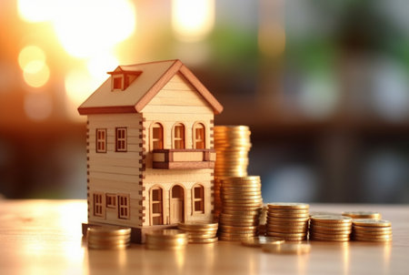 Pile of coins and miniature house on wooden table against blurred background of sunlight. future investment concept. generative aiの素材