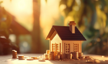 Pile of coins and miniature house on wooden table against blurred background of sunlight. future investment concept. generative aiの素材