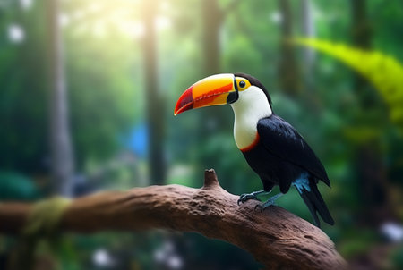 Toucan sitting on a branch in forest with blurred backgroundの素材