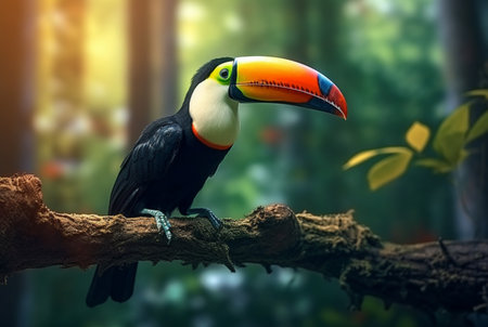 Toucan sitting on a branch in forest with blurred backgroundの素材