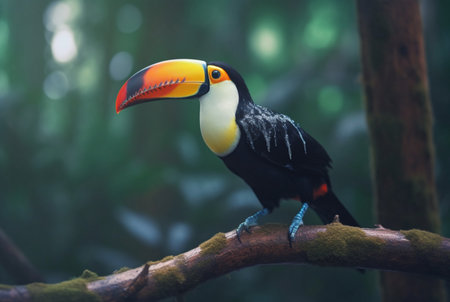 Toucan sitting on a branch in forest with blurred backgroundの素材