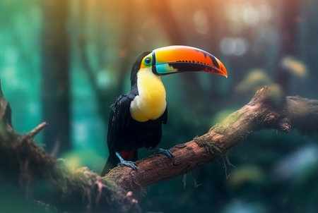Toucan sitting on a branch in forest with blurred backgroundの素材