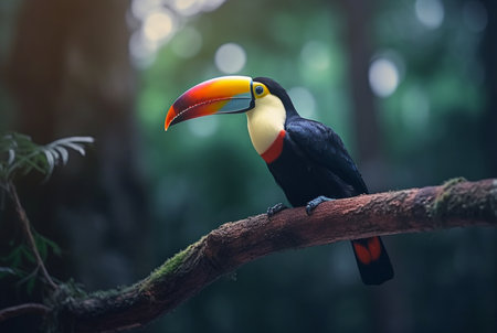 Toucan sitting on a branch in forest with blurred backgroundの素材