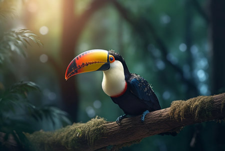 Toucan sitting on a branch in forest with blurred backgroundの素材