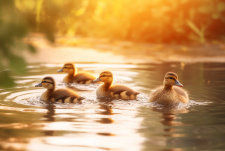 cute duckling swimming in the river with blurred sunlight background. generative aiの素材