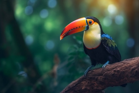 Toucan sitting on a branch in forest with blurred backgroundの素材