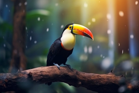 Toucan sitting on a branch in forest with blurred backgroundの素材