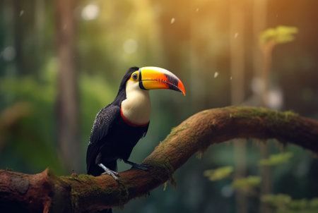 Toucan sitting on a branch in forest with blurred backgroundの素材
