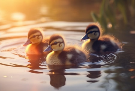 cute duckling swimming in the river with blurred sunlight background. generative aiの素材
