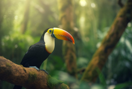 Toucan sitting on a branch in forest with blurred backgroundの素材