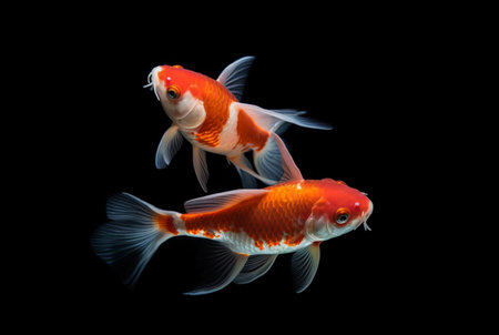two beautiful koi fish isolated on black background. generative aiの素材