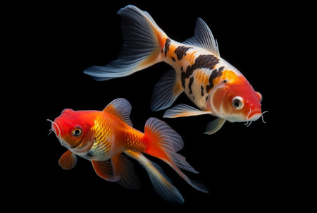 two beautiful koi fish isolated on black background. generative aiの素材