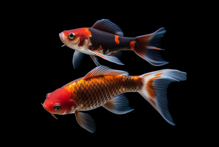 two beautiful koi fish isolated on black background. generative aiの素材