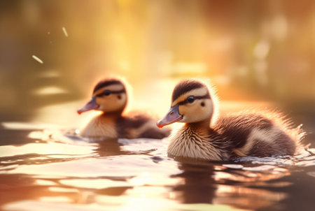 cute duckling swimming in the river with blurred sunlight background. generative aiの素材