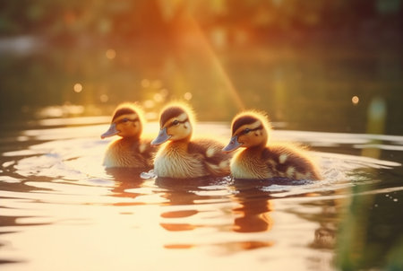 cute duckling swimming in the river with blurred sunlight background. generative aiの素材