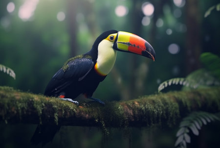 Toucan sitting on a branch in forest with blurred backgroundの素材