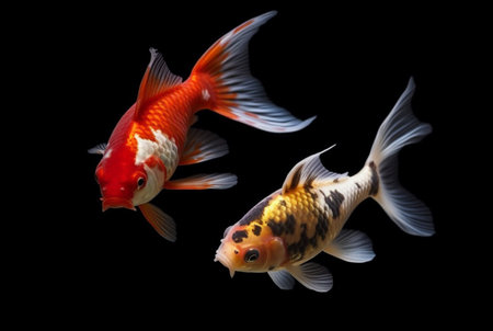 two beautiful koi fish isolated on black background. generative aiの素材